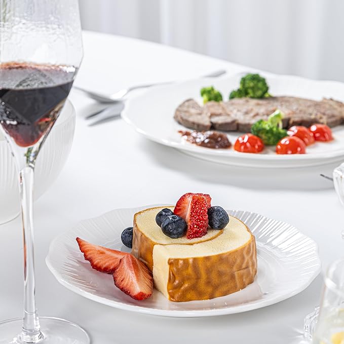 12 Pcs Porcelain Dinnerware Sets for 4, Ceramic Plates and Bowls Sets with Embossment, Oven, Dishwasher and Microwave Safe - Scratch Resistant Dish Set, QOMO-1996