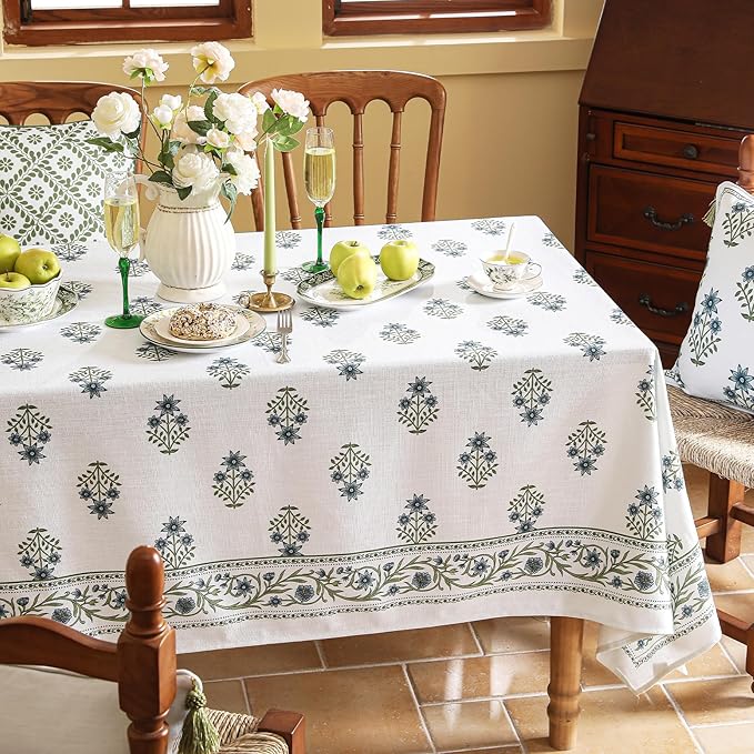 Floral Tablecloth for Square Tables,Linen Table Cloth with Blue Flowers and Green Leaves Pattern,Heavy Durable Table Cover for Dining Thanksgiving Kitchen Party Banquet Christmas,67"*67"