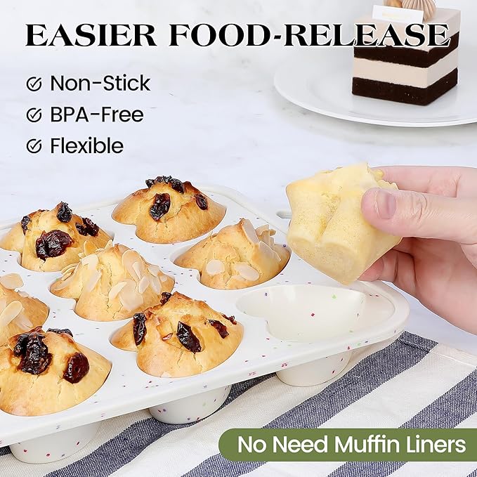 2 Pcs Heart Shaped Muffin Pan with Metal Reinforced Frame 12 Cup Nonstick Silicone Heart Cake Mold for Baking 2.5 Inch Cupcake Tray (Cream)