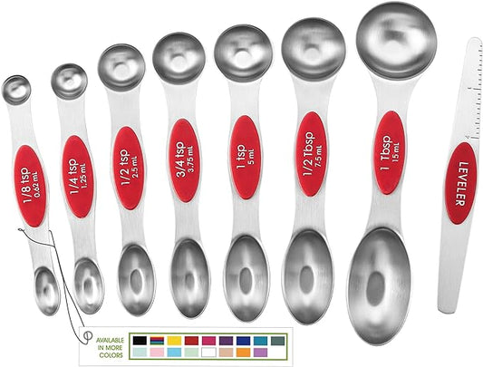 Spring Chef Red Stainless Steel Magnetic Measuring Spoons Set of 8 with Leveler, Dual Sided Nesting Teaspoon & Tablespoon Measuring Spoons, Kitchen Gadgets for Baking & Cooking, Fits in Spice Jars