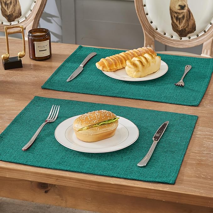 BALCONY & FALCON Placemats Set of 4 Faux Linen Cloth Place Mats Washable Waterproof Wrinkle Resistant Table Placemats for Dining Kitchen Farmhouse Indoor & Outdoor Use(Teal, 13.8”x 17.7”