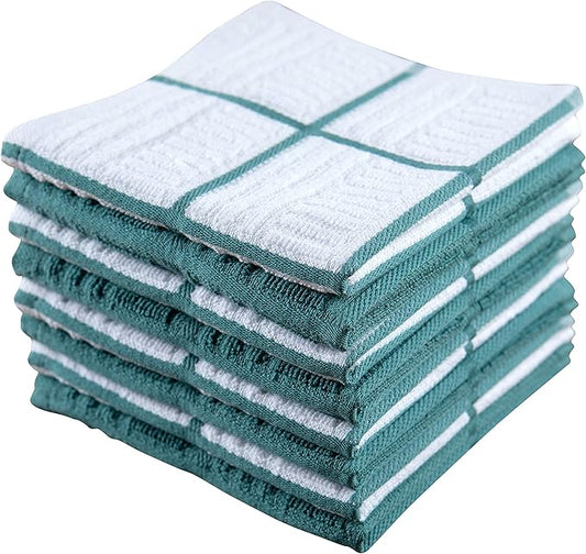 Sticky Toffee Cotton Dishcloths Set of 8, Blue Check, 12 x 12 in, Absorbent Reusable Kitchen and Cleaning Cloths