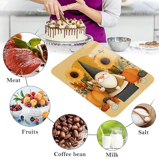 Fall Gnome Pumkin Sunflowers Thanksgiving Food Scale Kitchen Digital Scale Food Ounces and Grams Dieting Baking Cooking Waterproof Glass Panels LCD Display,4 Units Tare Function