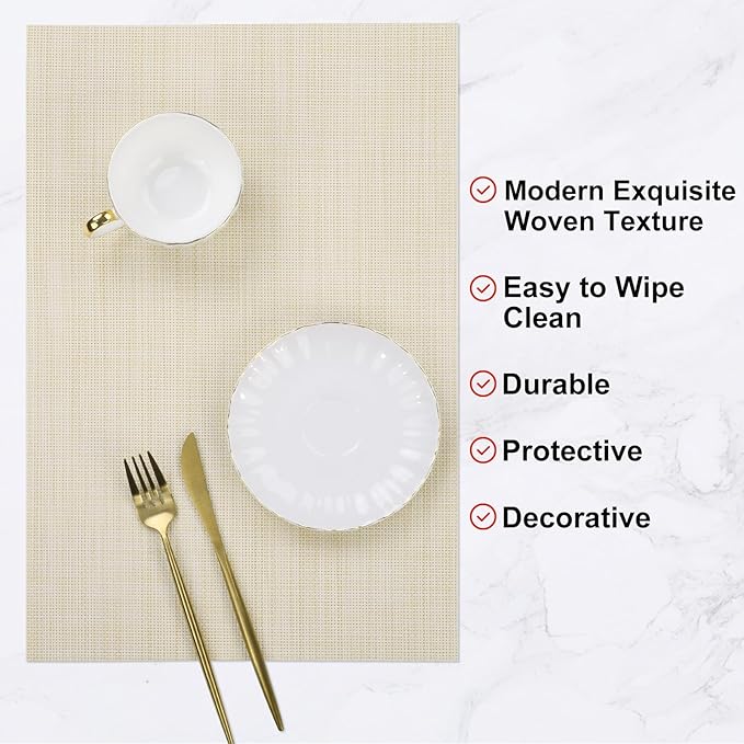 SHACOS Placemats Set of 6 Woven Vinyl Place Mats Wipeable Heat Resistant Stain Resistant Table Mats Indoor Outdoor, Beige White