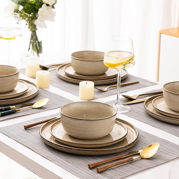 GBHOME 16 Pieces Double Bowls Ceramic Dinnerware Sets for 4, Stoneware Plates and Bowls Set with Reactive Glaze, Scratch Resistant Stoneware Dishes Set, Dishwasher & Microwave Safe