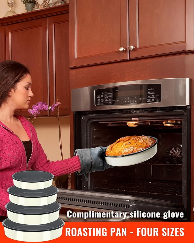 Enamel Baking Pans Set Round Roasting Dish 4-Pack 9/10/12/14 Inch Non-Toxic Non-Stick Carbon Steel Large Bakeware for Cake Bread Pie Pizza Turkey Steak, Oven Dishwasher Safe Thanksgiving Gift Cookware