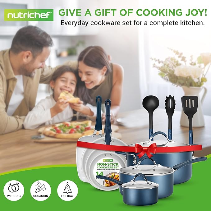 NutriChef 14-Piece Navy Blue Cookware Set - Durable Non-Stick Pots and Pans Set with Lids & Utensils, Compatible with All Cooktops