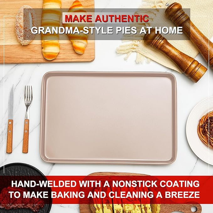 2 Pcs 17 Inch Grandma Style Pizza Pan Hard Rectangular Gold Non Stick Sicilian Style Carbon Steel Pizza Pan Dish Pre Seasoned Bakeware Kitchenware