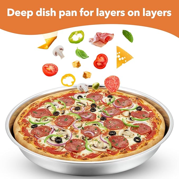 3 Pcs Deep Pizza Pans, 16" Stainless Steel Pizza Tray for Oven Reusable Round Kitchen Baking Cooking Pan Home Restaurant Safe Bakeware for Serving Displaying Cookie Cakes Pies, Dishwasher Safe