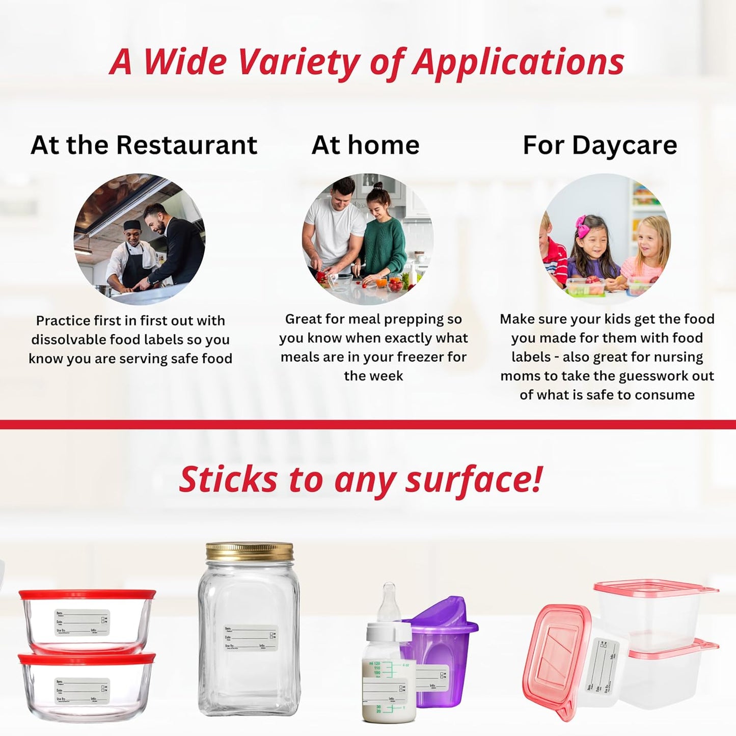 2x1 Dissolvable Food Labels, 1000 Label Stickers, Bottle Labels for Storage Bins, Sticker Labels for Food containers, (1000, Red)