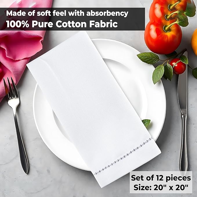 Urban Villa Cloth Napkin Set of 12 Hemstitch White Grey 20x20 Inches Premium Soft Cotton Highly Absorbent Reusable & Washable Dinner Table Napkins for Home and Weddings