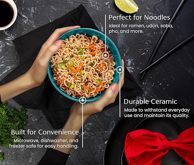 KooK Ramen Bowl, Japanese Bowls, Noodle Bowls, Large Soup Bowl, Ceramic, Large Capacity, For Ramen, Pho, Udon, Soba, Microwave and Dishwasher Safe, 34 oz, Set of 4 (Black/Teal)