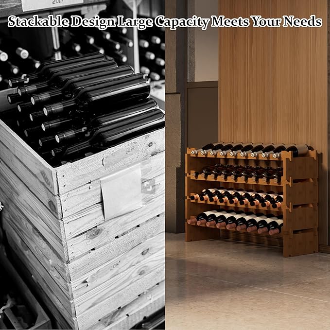 Bambloom Wine Rack Freestanding Floor, Wooden Stackable Bottle Storage Rack for Kitchen,Cellar. 36 Bottles Wine Holder Display Shelves for Champagne(Walnut)