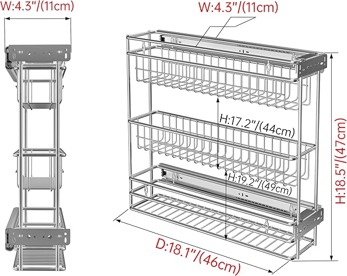 Narrow Pull Out Cabinet Organizer(4⅜" W x 18⅛" D),Pull Out Spice Rack, 3-Tier Side Mount Slide Out Spice Rack for Narrow Cabinet