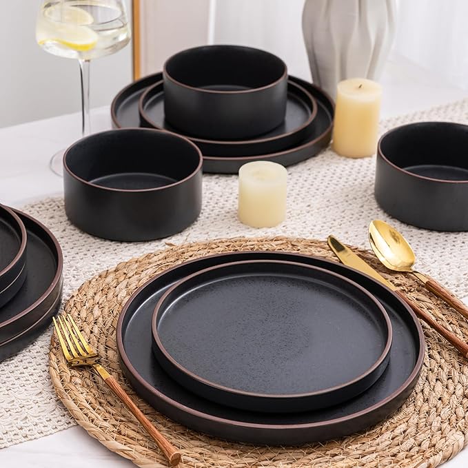 LERATIO Ceramic Dinnerware Sets of 4, High Edge Stoneware Plates and Bowls Set, Chip and Crack Resistant | Oven & Dishwasher & Microwave Safe Dishes Set, Service for 4 -Ashen