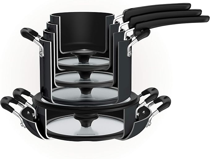 Tramontina Aluminum Non Stick 11-Piece Nesting Pots and Pans Set with Lids - Gray, Kitchen Nonstick Cookware Set, Dishwasher and Oven Safe