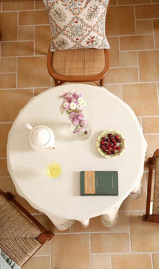 Floral Tablecloth for Round Tables,Linen Table Cloth with Colorful Flowers Pattern,Heavy Durable Table Cover for Dining Thanksgiving Kitchen Decor Party Christmas,Diameter 55"