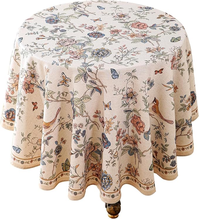 French Tablecloth for Round Tables,Linen Table Cloth with Flowers and Birds Pattern,Heavy Durable Table Cover for Dining Thanksgiving Kitchen Decor Party Christmas,Diameter 67"
