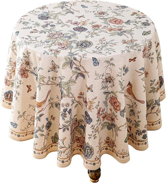 French Tablecloth for Round Tables,Linen Table Cloth with Flowers and Birds Pattern,Heavy Durable Table Cover for Dining Thanksgiving Kitchen Decor Party Christmas,Diameter 67"