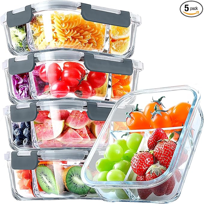 VERONES 5 Pack Glass Meal Prep Containers 3 Compartment Set, 36OZ Airtight Glass Lunch Containers, Glass Food Storage Containers with Lids, for Microwave, Oven, Freezer & Dishwasher Friendly,Grey