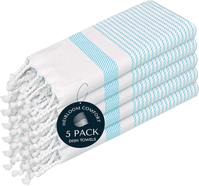 Aqua Blue Turkish Kitchen Towels 16x26 Inch, 5 Pack, 100% Cotton, Super Absorbent, Fast Dry, Machine Washable, Dish Towel with Tassels for Drying Dishes, Cleaning, Everyday Use