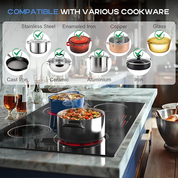 Electric Cooktop 30 Inch, 4 Burner Electric Stove with Slide Control, Built-in Radiant Electrical Cooktop 6500W, 9 Power Level & Safety Lock, Timer, Residual Heat Indicator 220V(No Plug) Nefaracy