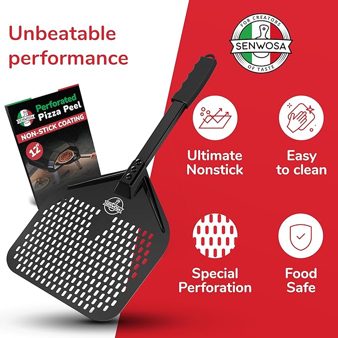 Non-stick Pizza Peel 12 inch – Excellent Slide-Off & Easy Cleanup – Perforated Metal Base with Safe Ceramic Coating