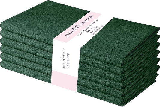 PurpleEssences Set of 6 Hemstitch Cloth Dinner Napkins 100% Cotton - Soft Durable Washable - Ideal for Wedding Christmas Holiday Winter - Perfect Everyday Use Table Linen 18x18 - Forest Green