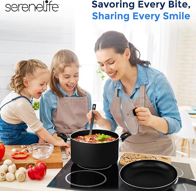 SereneLife Kitchenware Pots & Pans Basic Kitchen Cookware, Black Non-Stick Coating Inside, Heat Resistant Lacquer (11-Piece Set), One Size, Black