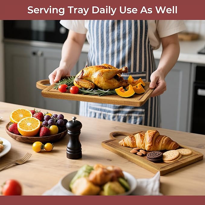 Acacia Wood Cutting Boards set of 3 with Juice Groove ＆ Handle Thickened Design Including Large(Chopping)/Medium(Prep)/Small(Serving) Multi-functional for Kitchen or Serving Tray