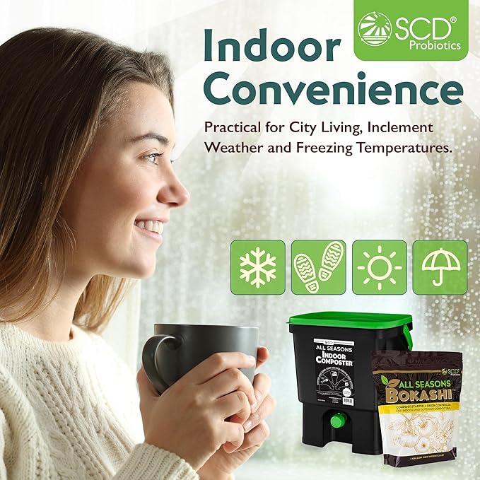 All Seasons Indoor Composter Starter Kit – 4.4 Gallon Black Organko Compost Bin for Kitchen Countertop with Scoop, Cup, Presser & 2 lbs. (1 Gallon) of Bokashi, 77% Recycled Plastic by SCD Probiotics