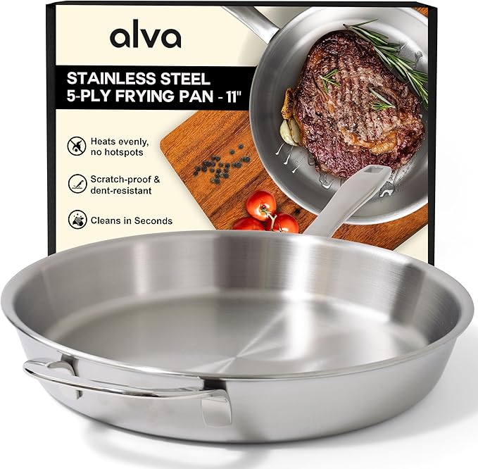 Alva Maestro 5-Ply Stainless Steel Frying Pan 11″ – Non-Toxic, Made without PFAS/PFOA/PTFE – Pro-Level Heat Control for No Hotspots, Induction & Oven Safe, Works on All Stovetops, Perfect Searing