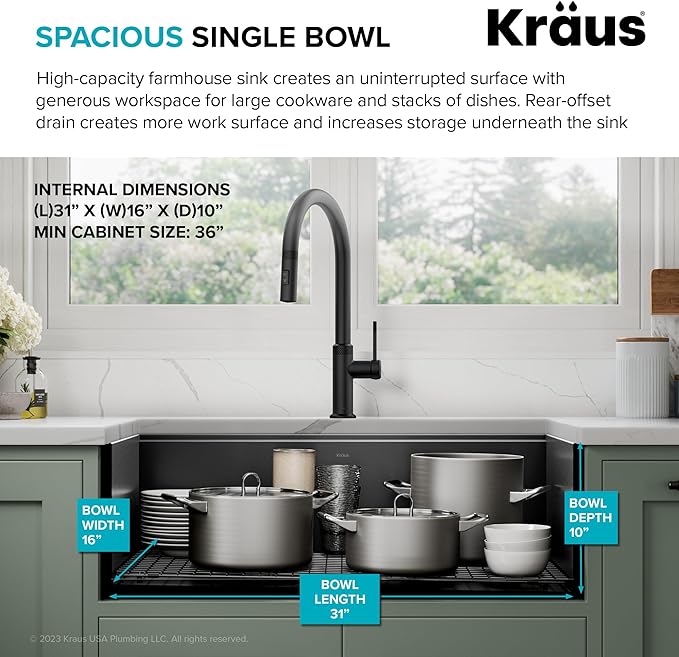 Kraus Kore 33-Inch Farmhouse Workstation with In Sink Dish Drying Rack, Stainless Steel Kitchen Sink Gun Metal Finish, KWF410-33/PGM