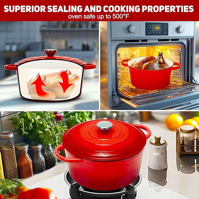 5QT Enameled Cast Iron Bread Oven with Proofing Basket for Bread Baking, Bread Making Supplies Tools,Heavy-Duty Cookware for Braising, Stews, Roasting, Bread Baking (Red)