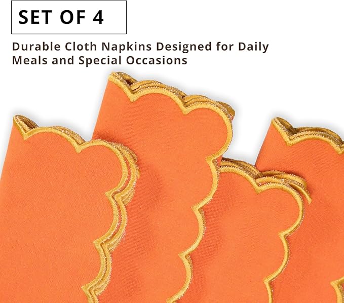 PurpleEssences Scalloped Embroidery Cloth Napkins Christmas Holiday Winter Table Decor 100% Cotton Set of 4-18 x 18 inch - Orange - Edges - Golden Yellow