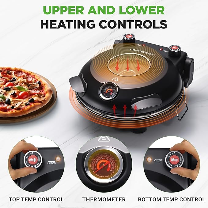 NutriChef Electric Pizza Oven | 1200W Countertop Pizza Maker with Temperature Control & Thermometer | Viewing Window for Precise Cooking | Heats up to 800˚F | Easy to Clean Non-Stick Coating (Black)