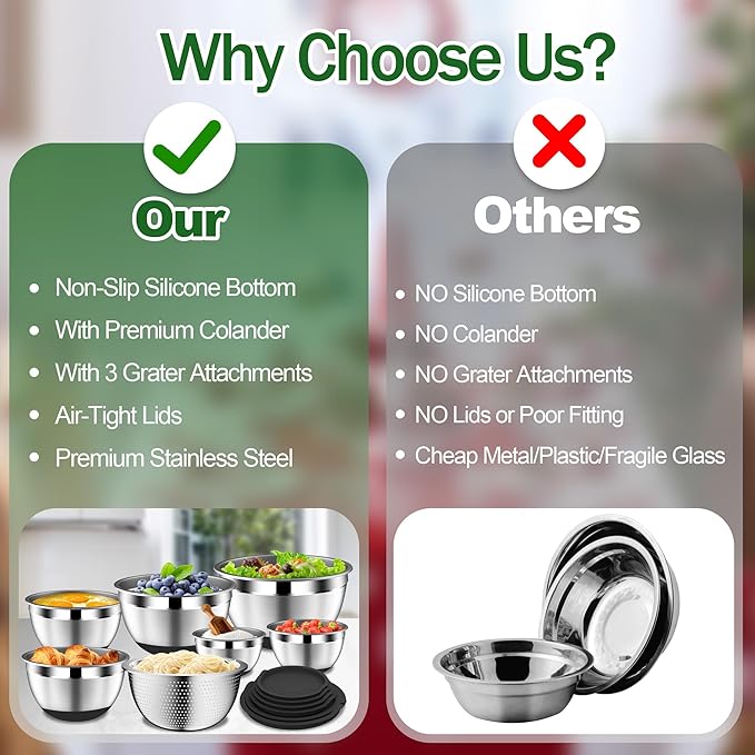 Mixing Bowls with Lids Set - 16pcs Stainless Steel Mixing Bowl Set with Colander, 3 Grater Attachments, Non-Slip Bottom, Metal Nesting Bowls with Strainer for Mixing & Serving - Black