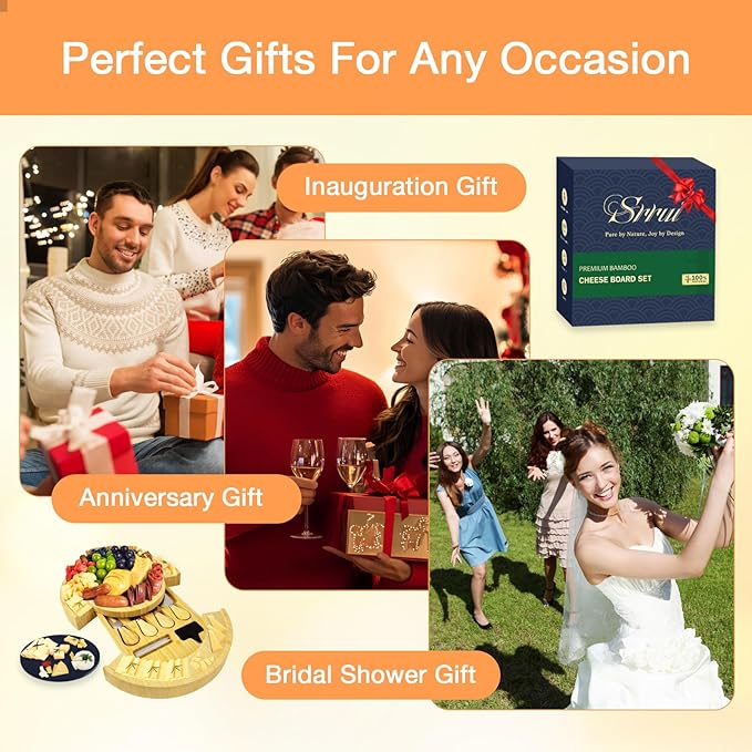 Charcuterie Board with Lid-Portable Bamboo Cheese Board Set,Travel Round Tray with Locking Lid for Picnic, Party Snacks, Wedding & Housewarming & Kitchen Gifts for Women