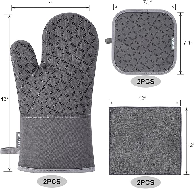 KEGOUU Oven Mitts and Pot Holders 6pcs Set, Kitchen Oven Glove High Heat Resistant 500 Degree Extra Long Oven Mitts and Potholder with Non-Slip Silicone Surface for Cooking (Grey)