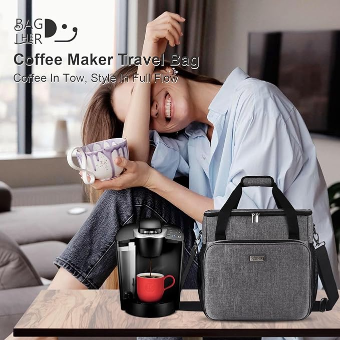 BAGLHER Coffee Maker Travel Bag Compatible with Keurig K-Classic、Keurig K-Elite、Keurig K-Compact or Other Accessories, Portable Coffee Maker Case with Shoulder Strap for Travel, Grey