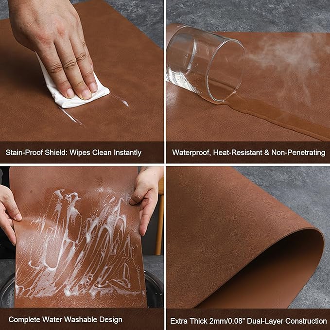 Placemats Set of 4, 12x17 Inch Faux Leather Heat Resistant (212℉) Place Mats, 100% Waterproof & Oil-Proof, Reversible Thickened PU Table Mats for Kitchen, Dining, Outdoor (Reddish Brown)