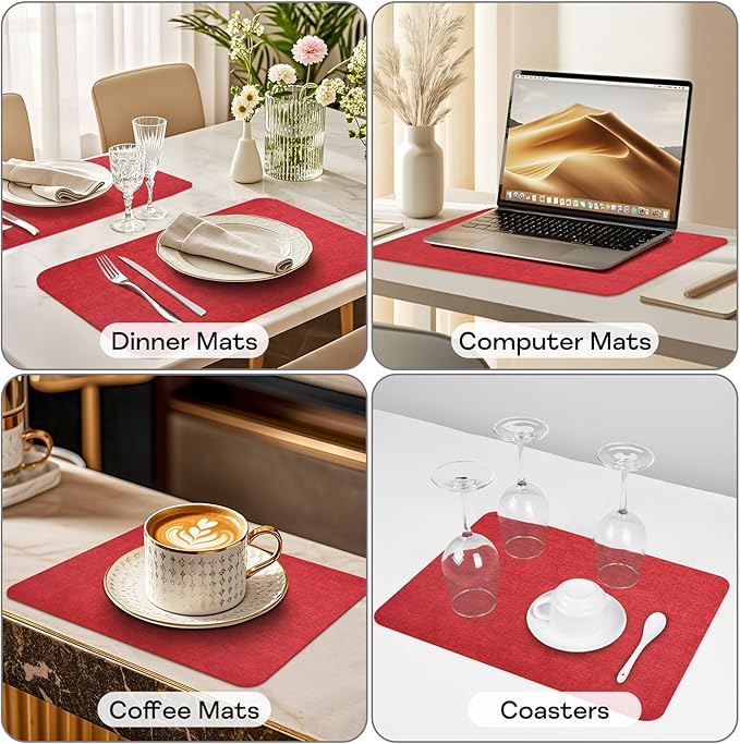 Vinly Placemats Set of 6 - Waterproof Wipeable Faux Leather Table Place Mats Heat Resistant Anti Slip Table Mats for Dining, Indoor, Outdoor, 15.8" x 11.8" (Retro red)