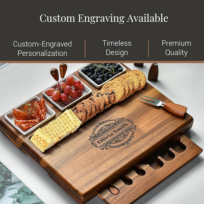 Shanik Large Acacia Wood Charcuterie Board Set with 3 Removable Ceramic Bowls & Serving Utensils - Housewarming, Wedding, Bridal Shower, Home and Kitchen, New Home Gift Ideas for Women, Gifts for Her