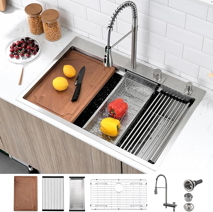 33 Inch Drop In Waterfall Kitchen Sink, 33x22 Drop in Kitchen Sink Waterfall Single Bowl Workstation 16 Gauge Stainless Steel Topmount Large Sinks with Faucet Combo