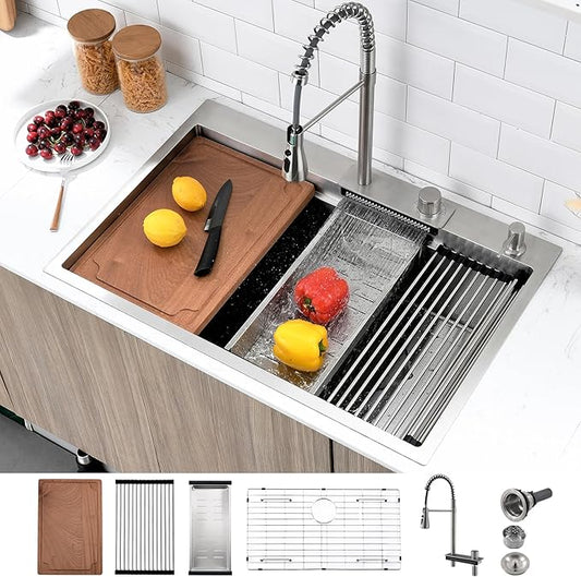 33 Inch Drop In Waterfall Kitchen Sink, 33x22 Drop in Kitchen Sink Waterfall Single Bowl Workstation 16 Gauge Stainless Steel Topmount Large Sinks with Faucet Combo