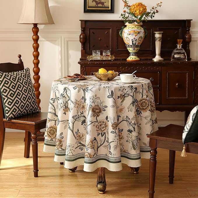 Floral Tablecloth for Round Tables,Linen Table Cloth with Yellow and White Flowers Pattern,Heavy Durable Table Cover for Dining Thanksgiving Kitchen Decor Party Christmas,Diameter 67"