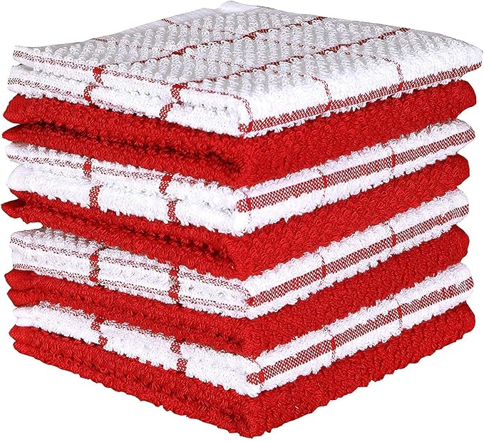 AMOUR INFINI Cotton Kitchen Dish Cloths Set of 8 – Highly Absorbent, Super Soft Premium Terry Cleaning Cloth (12"x12" Inch) Premium Dishcloths for Washing Dishes (Red)