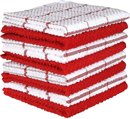 AMOUR INFINI Cotton Kitchen Dish Cloths Set of 8 – Highly Absorbent, Super Soft Premium Terry Cleaning Cloth (12"x12" Inch) Premium Dishcloths for Washing Dishes (Red)