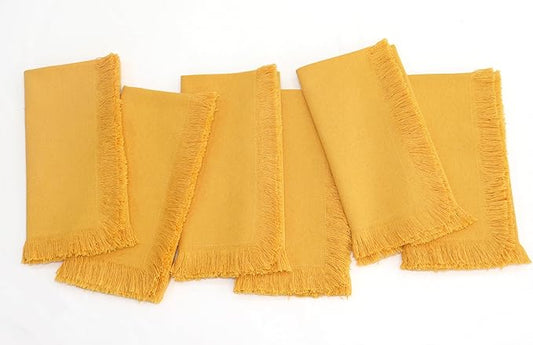 PurpleEssences Cloth Napkins with Fringes, 100% Cotton Christmas Holiday Winter Table Decor, Set of 6 18x18 Inch Reusable Dinner Napkins for Parties and Weddings - Golden Yellow
