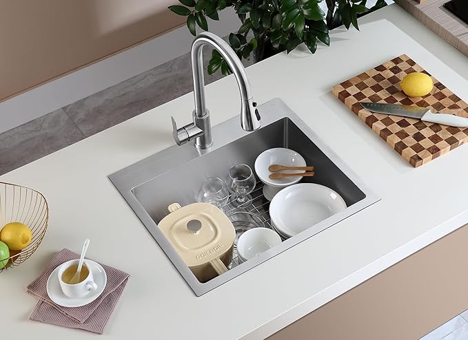 MENATT Brushed 20 Inch Kitchen Sink Drop in, 18 Gauge Stainless Steel 1 Faucet Hole Single Bowl Topmount Kitchen Sinks with Drain Assembly & Grid, D20"xW16"xH9"